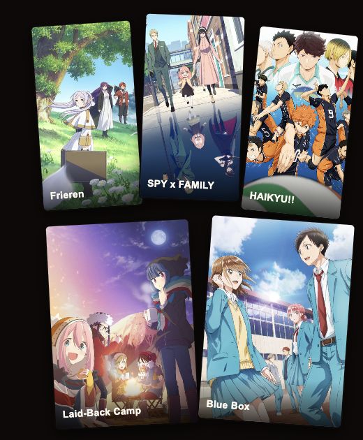Frieren, SPY x FAMILY, HAIKYU!!, Laid-Back Camp and Blue Box cover artwork
