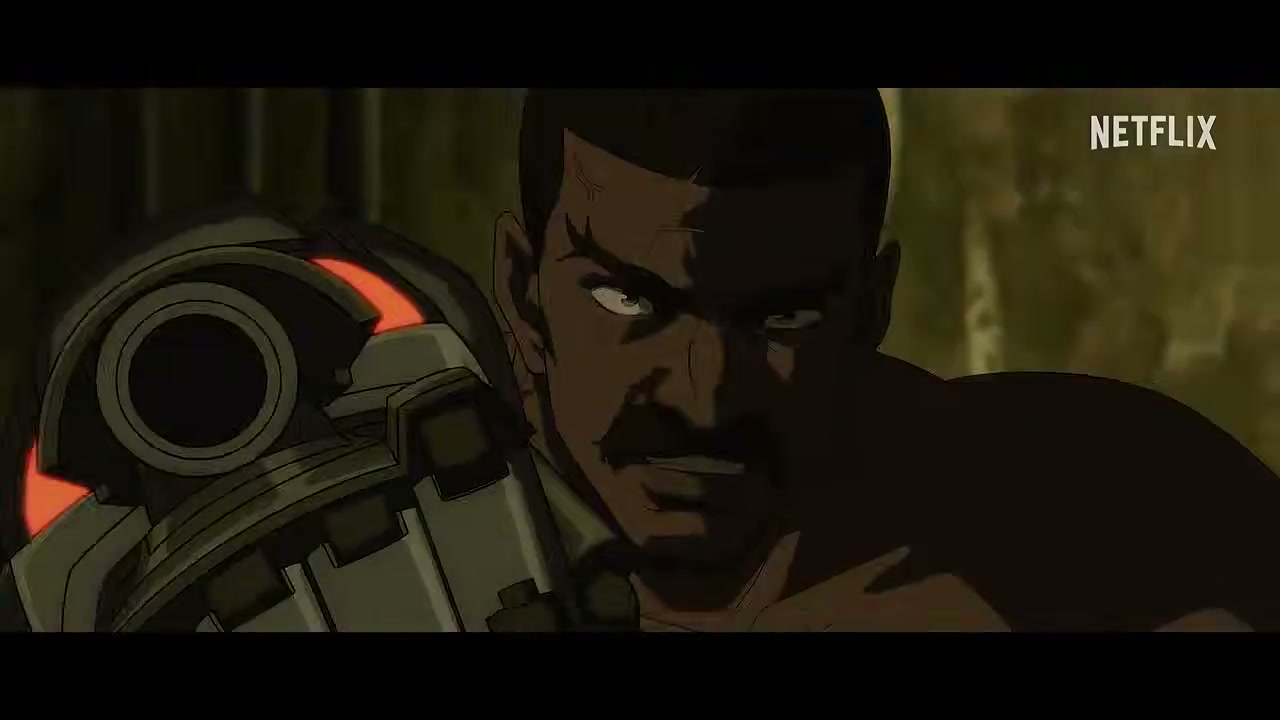 An armed character in a close-up from Netflix’s official Bass X Machina trailer