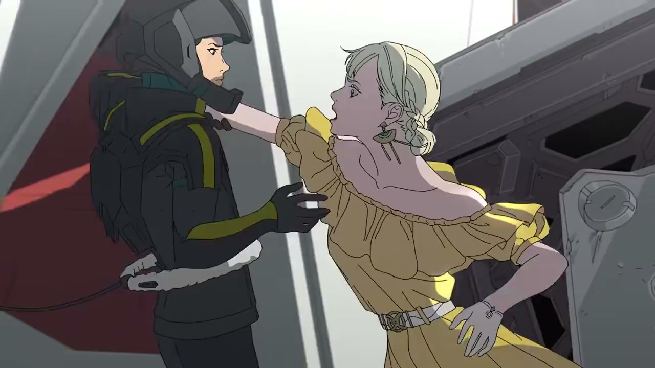 Two characters beside a mobile suit in daylight — an official trailer still from Hathaway: The Sorcery of Nymph Circe
