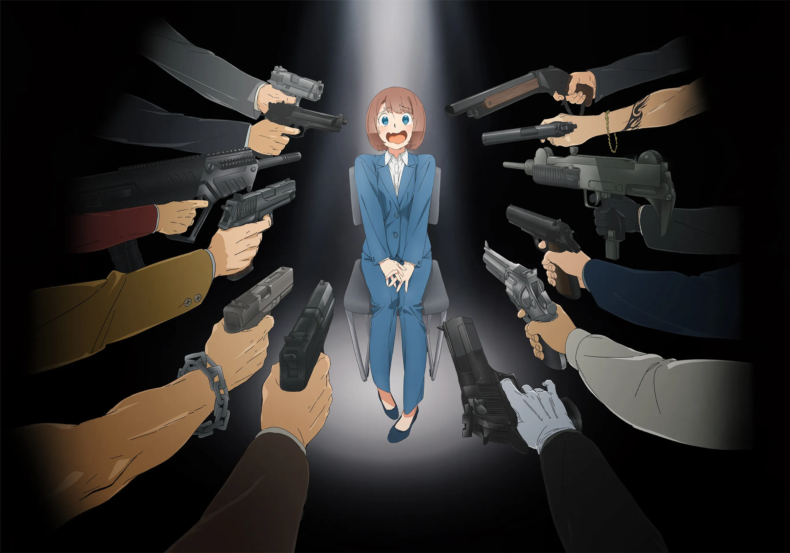 The new Happy Kanako’s Killer Life anime teaser visual: Kanako Nishino sits in a blue office suit under a spotlight, surrounded by guns.